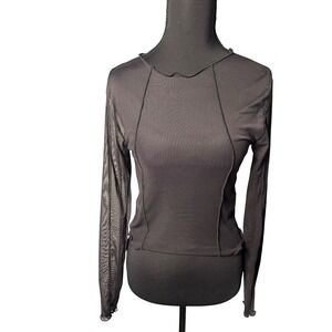 Stradivarius Black Mesh Long Sleeve Top Lettuce Edge Exposed Seam Size S